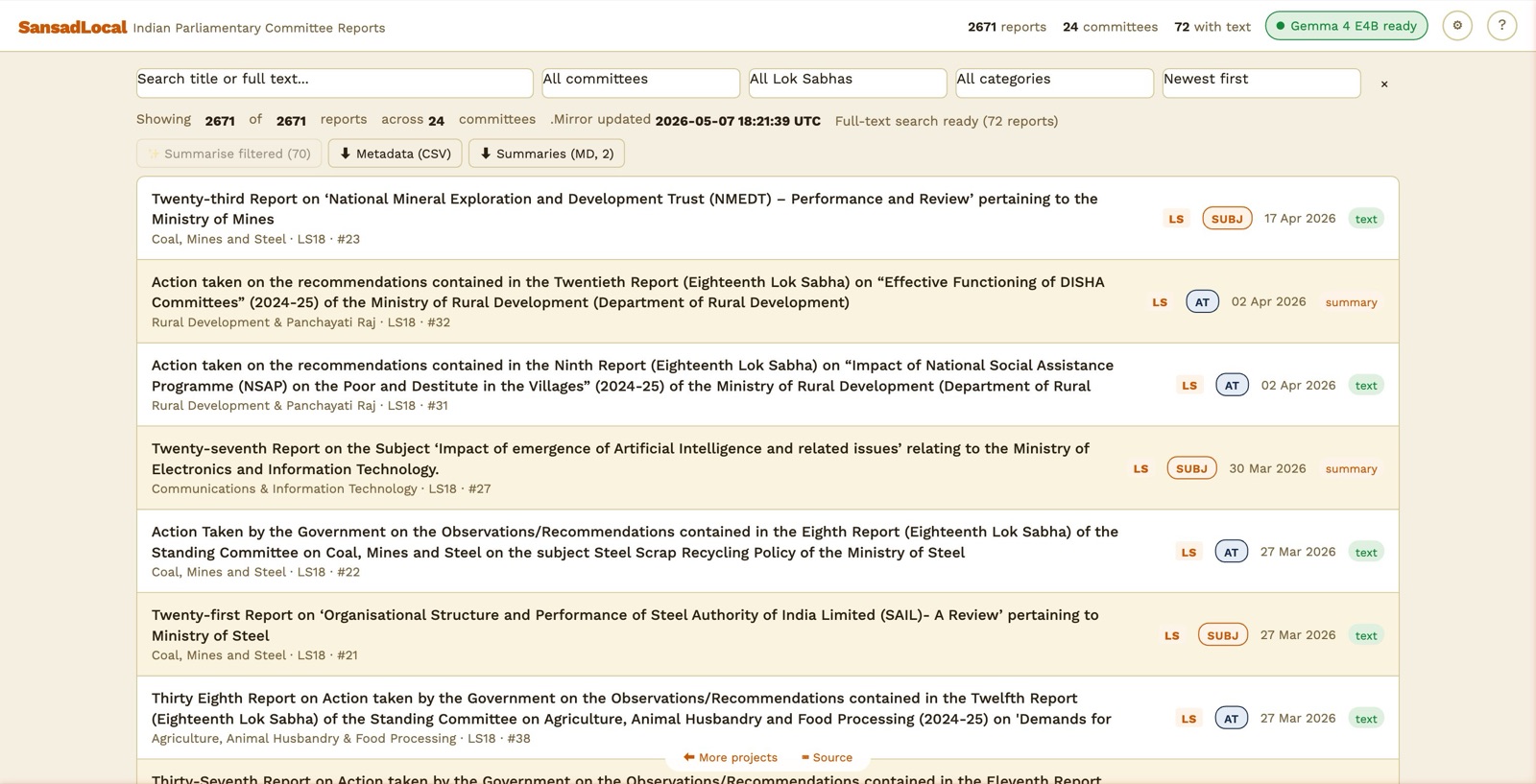 SansadSaar main view: header with brand, stats, AI pill, settings, help; filter row; toolbar with batch summarise + export; report list with status badges