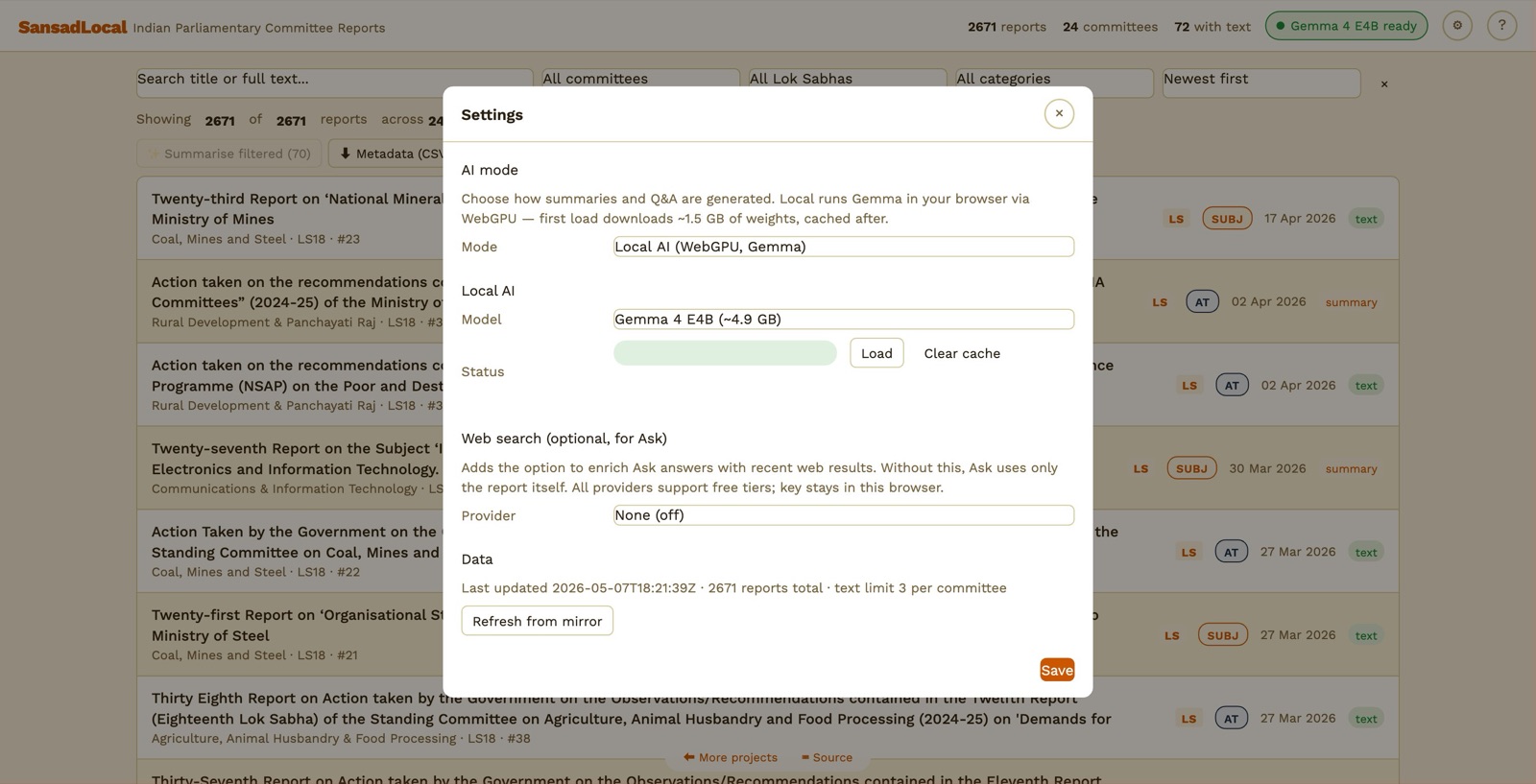 Settings modal: AI mode = Local AI (WebGPU, Gemma); Local AI section with Model dropdown, Status pill, Load + Clear cache buttons