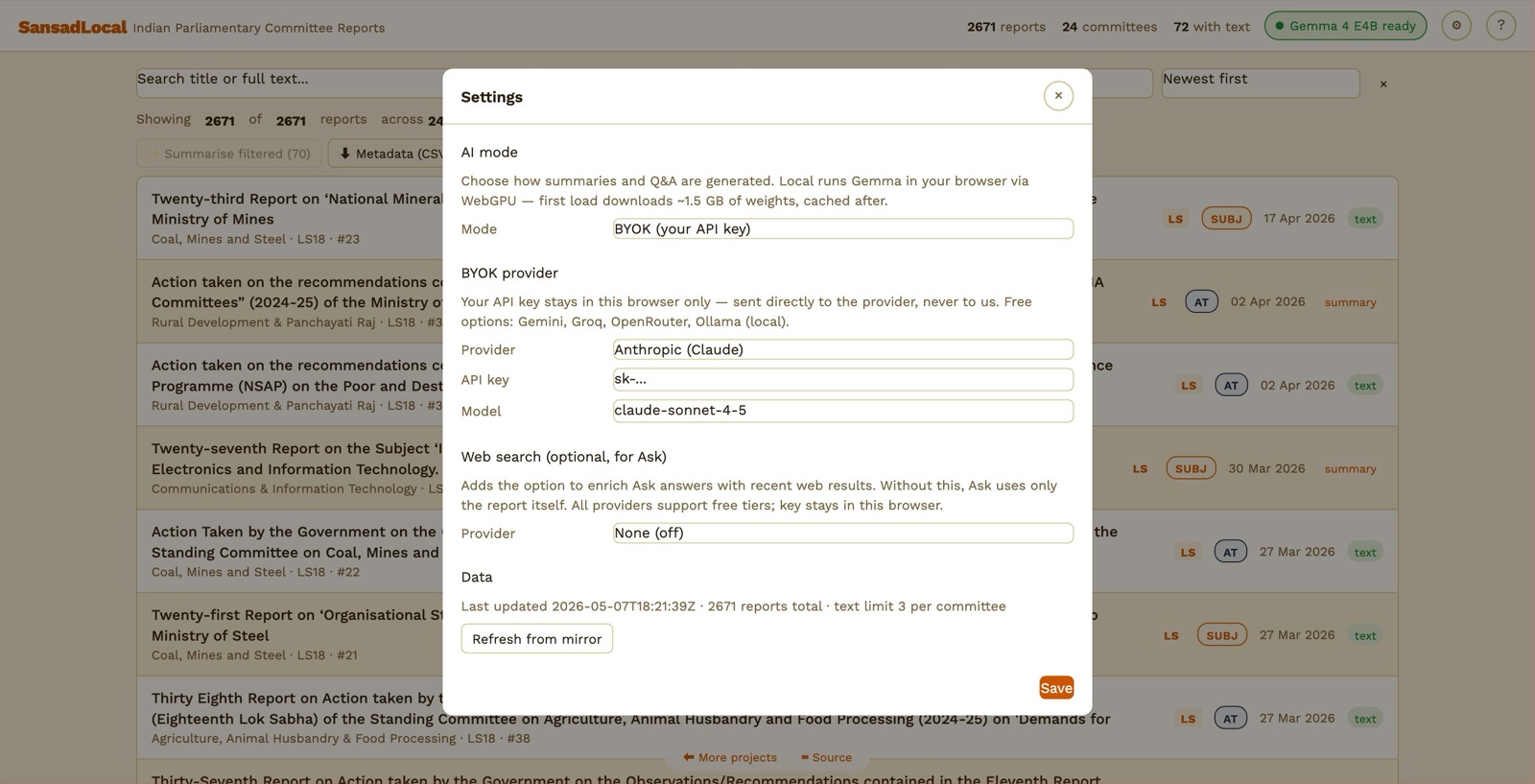 Settings modal: AI mode = BYOK; BYOK provider section with Provider dropdown (Anthropic), API key field, Model field