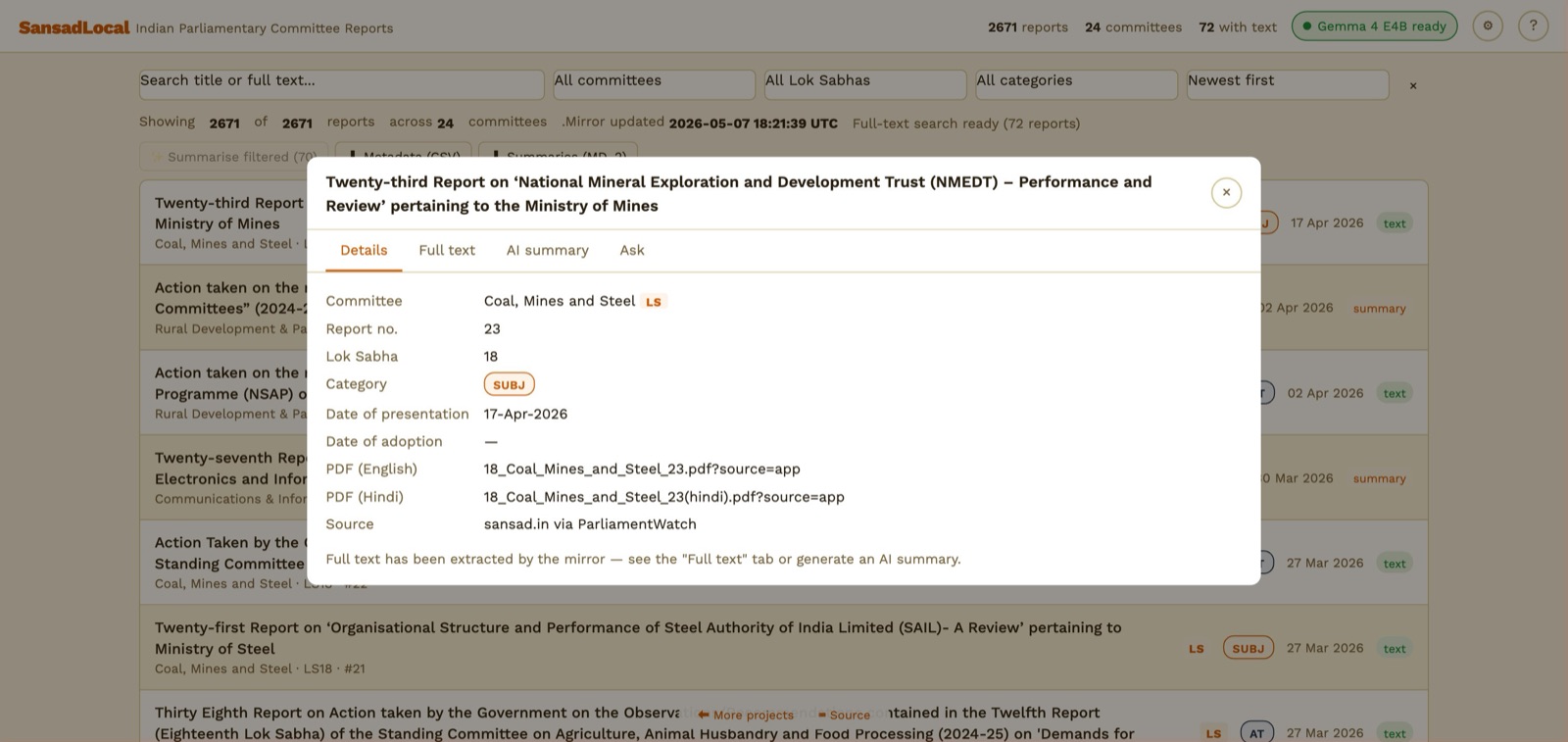 Report dialog open on a Standing Committee on Coal, Mines and Steel report, Details tab showing committee, report no., dates, PDF links