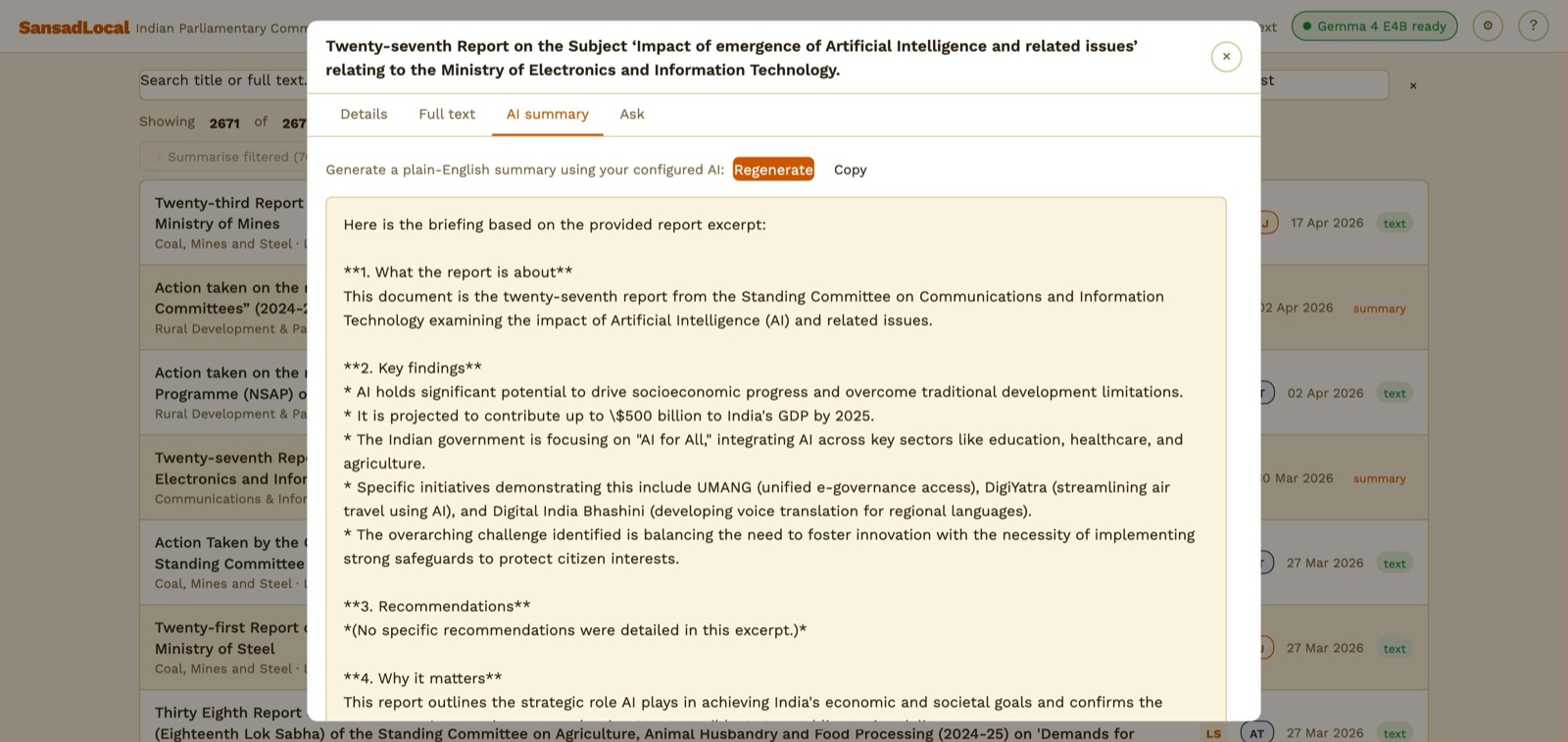 Report dialog AI summary tab with a generated summary about a Standing Committee report on AI in Electronics & IT