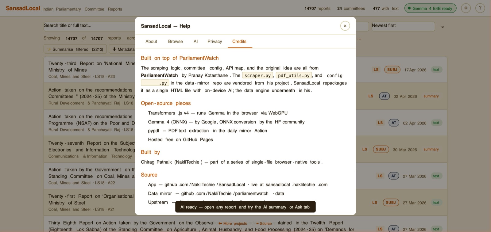 Help modal Credits tab showing Built on top of ParliamentWatch, open-source pieces (Transformers.js, Gemma 4 ONNX, pypdf, GitHub Pages), built by Chirag Patnaik, source links
